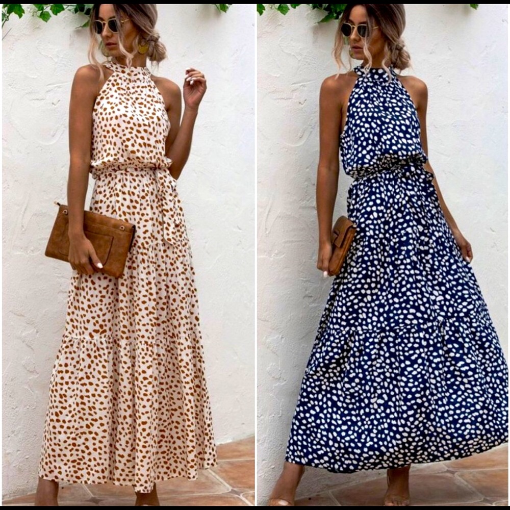 Polkadot dress in beige/brown dots. Blue drops 5/9 - Picture 2 of 11